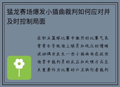 猛龙赛场爆发小插曲裁判如何应对并及时控制局面