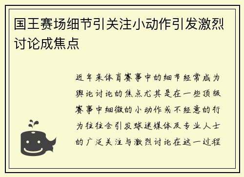 国王赛场细节引关注小动作引发激烈讨论成焦点
