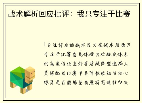 战术解析回应批评：我只专注于比赛