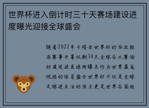 世界杯进入倒计时三十天赛场建设进度曝光迎接全球盛会